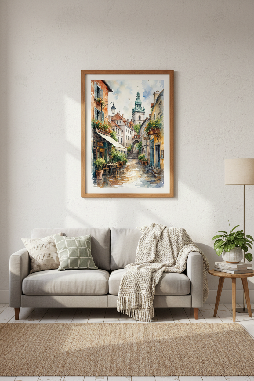 European Street Watercolor Print | Cafe Architecture Art, Travel Home Decor