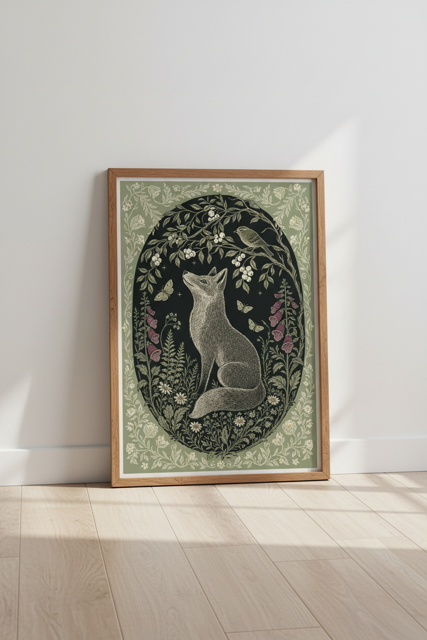 Folk Art Fox Wall Art Print | Dark Cottagecore Decor | Woodland Nature Poster