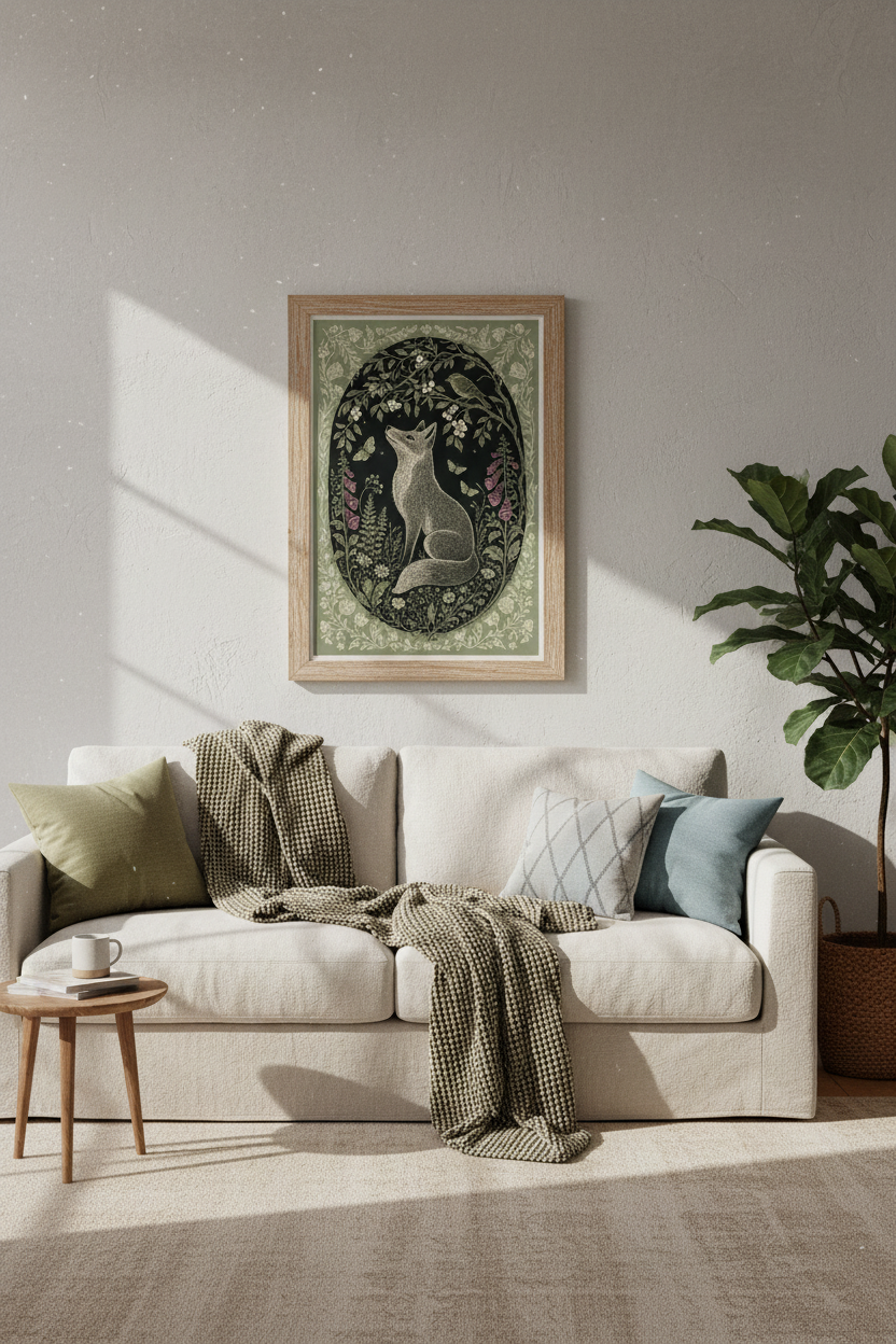 Folk Art Fox Wall Art Print | Dark Cottagecore Decor | Woodland Nature Poster