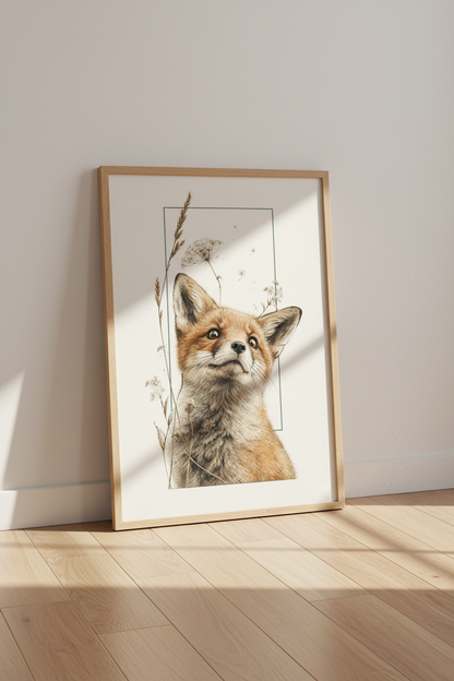 Cute Fox Sketch Wall Art | Woodland Nursery Decor | Rustic Botanical Poster