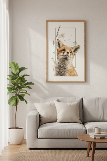 Cute Fox Sketch Wall Art | Woodland Nursery Decor | Rustic Botanical Poster