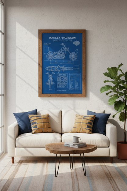 Harley-Davidson Blueprint Wall Art | Blue Garage Decor | Custom Chopper Poster