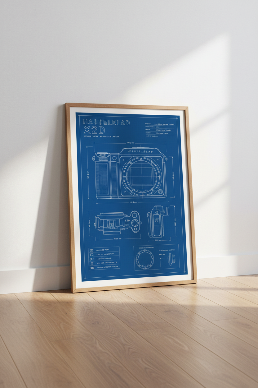 Camera Blueprint Wall Art | Hasselblad X2D Design, Photography Studio Decor