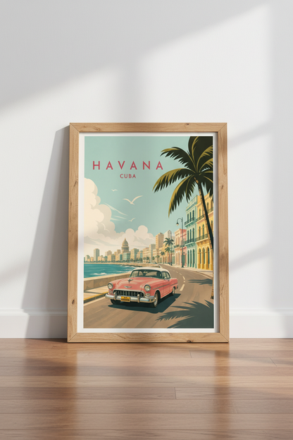 Havana Cuba Travel Poster | Retro Pink Car Print, Tropical Coastal Decor