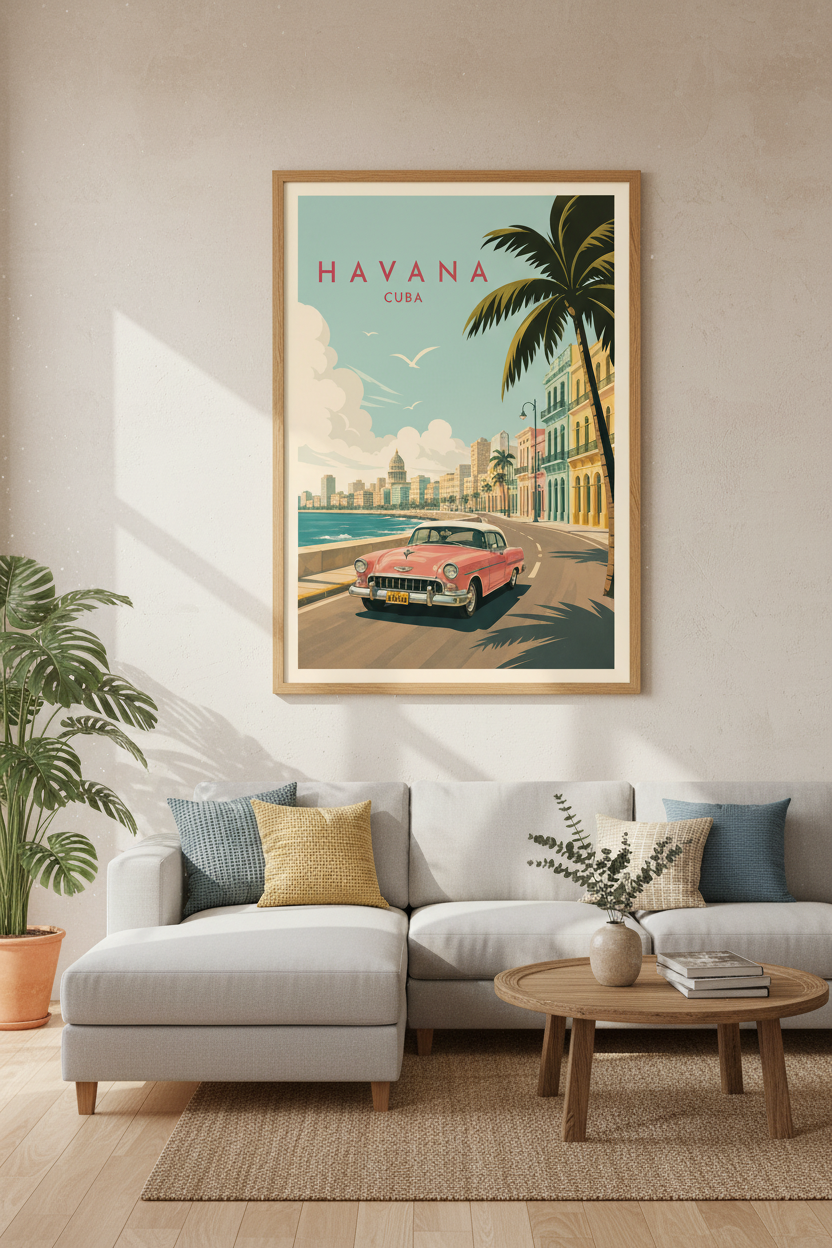 Havana Cuba Travel Poster | Retro Pink Car Print, Tropical Coastal Decor
