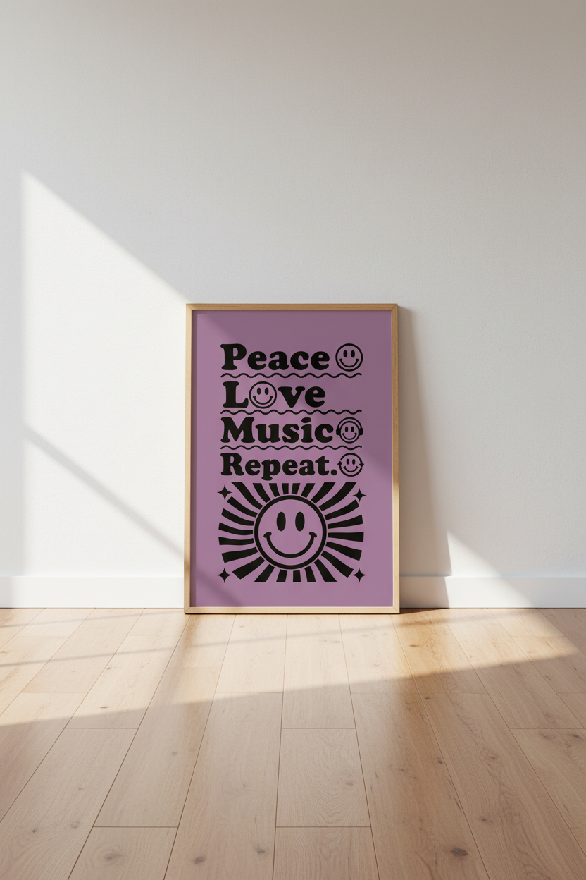 Peace Love Music Quote Wall Art | Retro Purple Poster | Music Room Decor