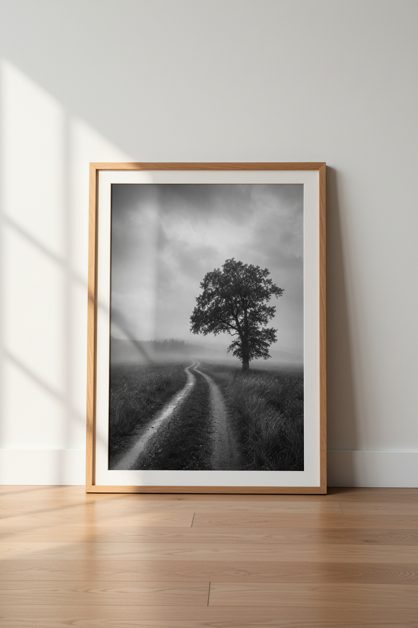 Moody Nature Wall Art Print | Black and White Foggy Tree Decor | Moody Desktop Poster