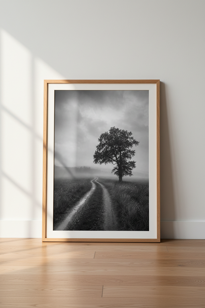 Moody Nature Wall Art Print | Black and White Foggy Tree Decor | Moody Desktop Poster