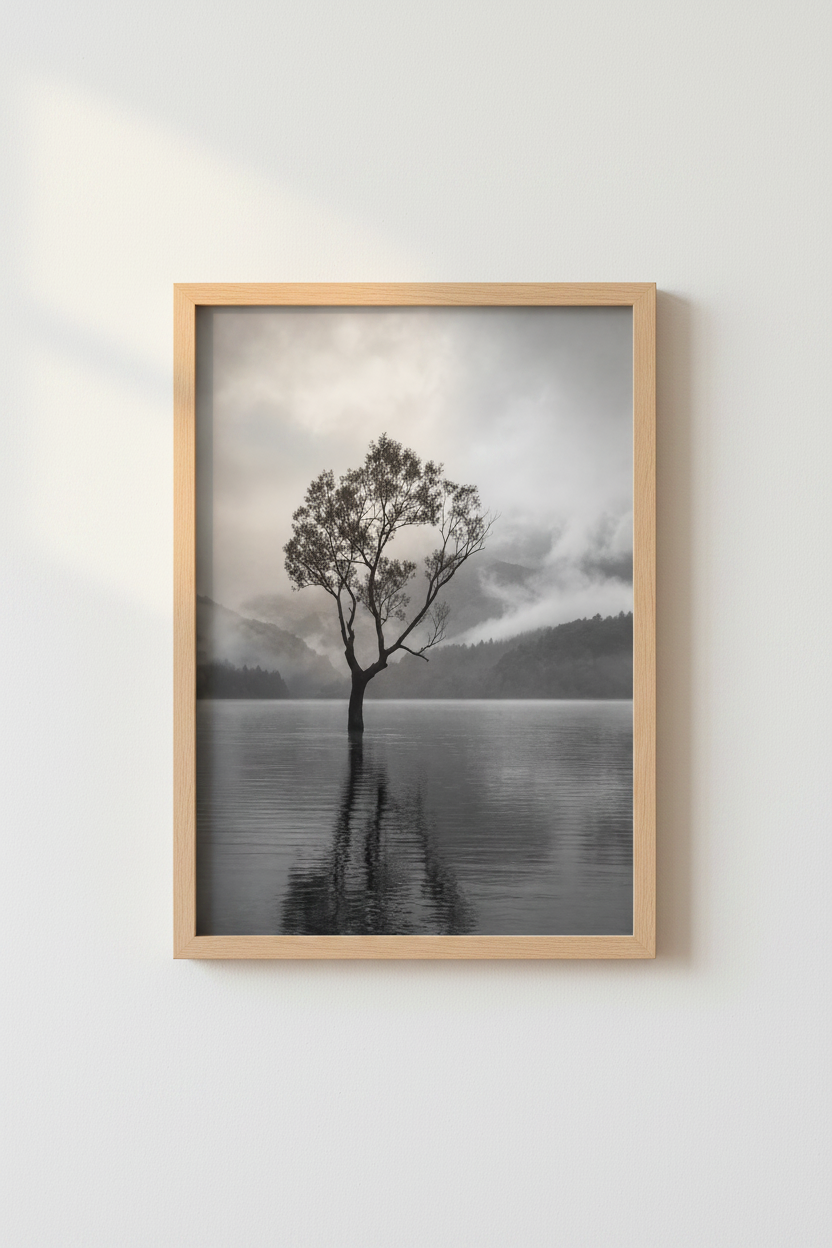 Moody Nature Wall Art Print | Black and White Tree Poster, Minimalist Foggy Lake Decor
