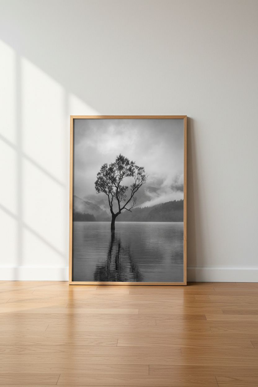 Moody Nature Wall Art Print | Black and White Tree Poster, Minimalist Foggy Lake Decor