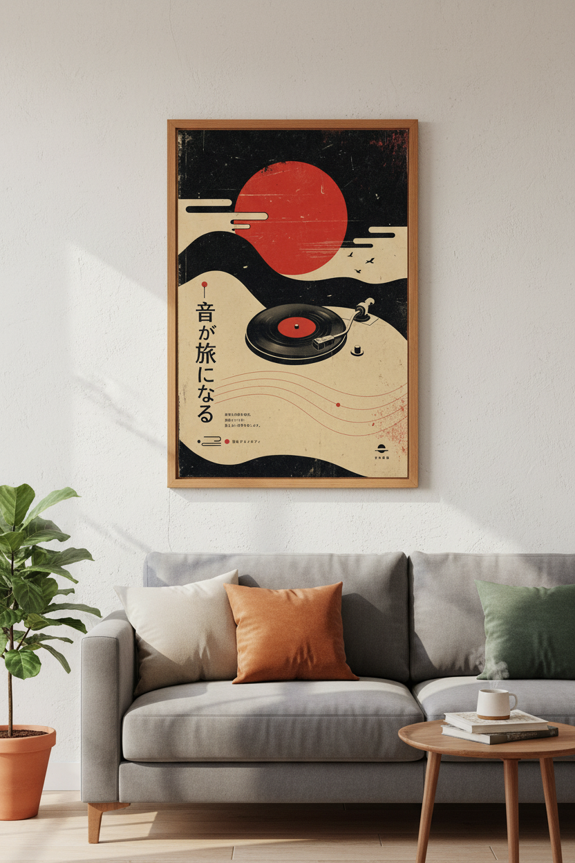 Retro Vinyl Record Japanese Wall Art | Music Room Decor | Minimalist Poster