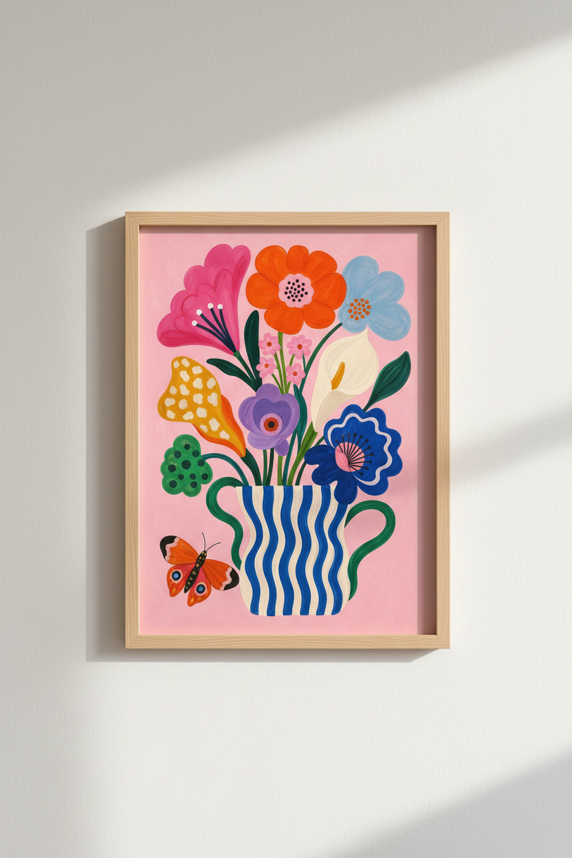Flower Bouquet Art Print | Colorful Botanical Decor, Maximalist Pink Butterfly Poster