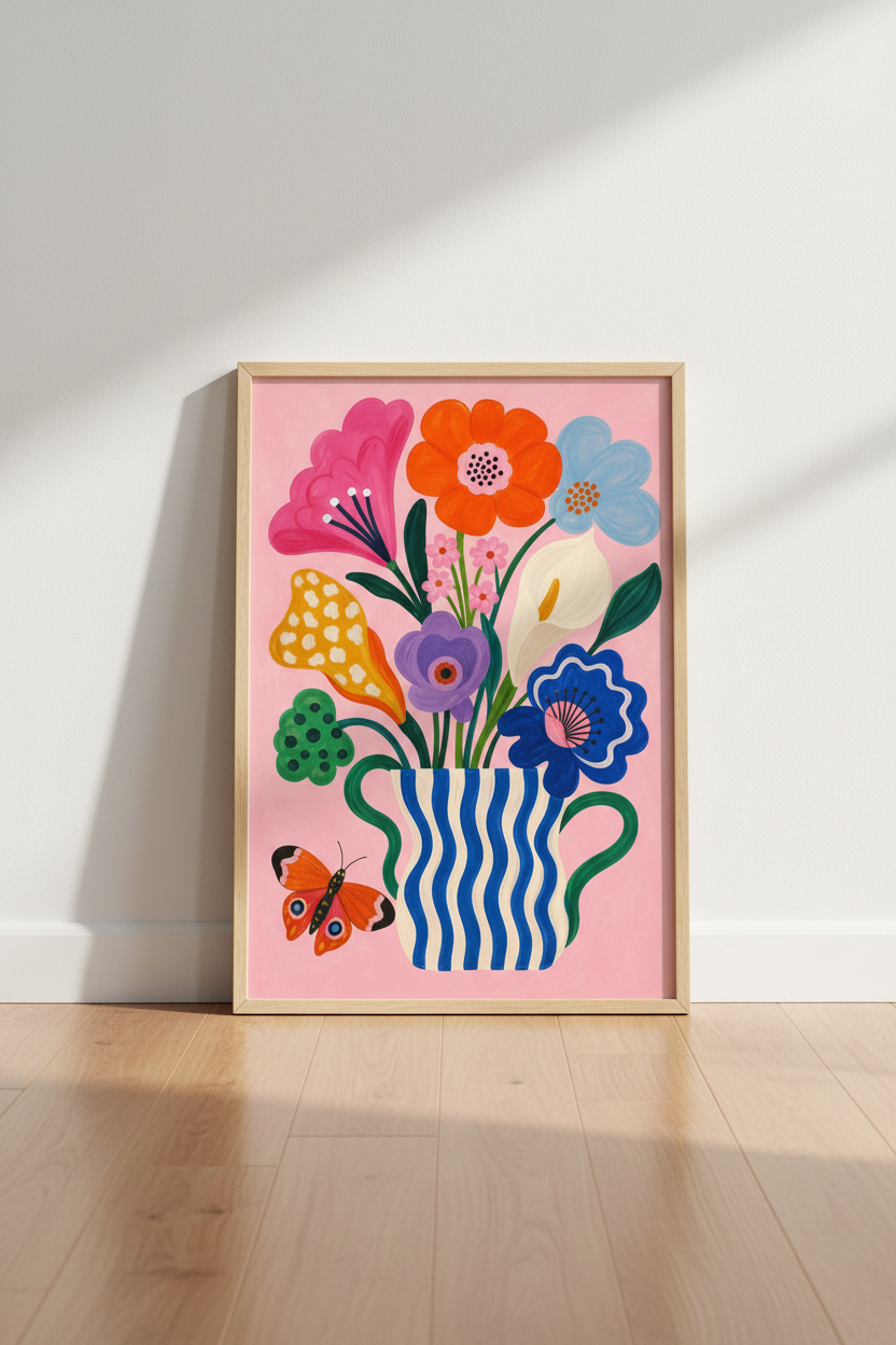 Flower Bouquet Art Print | Colorful Botanical Decor, Maximalist Pink Butterfly Poster