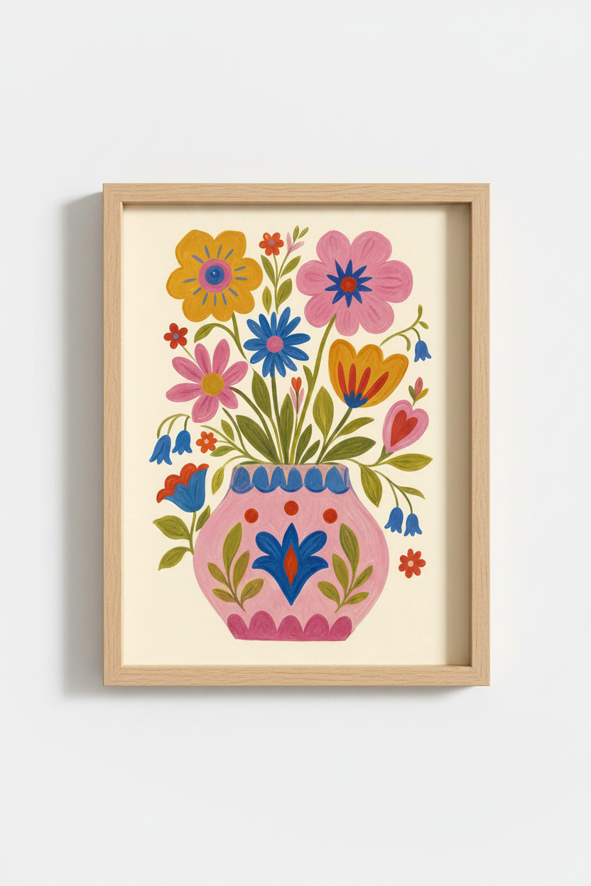 Folk Floral Wall Art Print | Colorful Botanical Decor | Whimsical Flower Poster