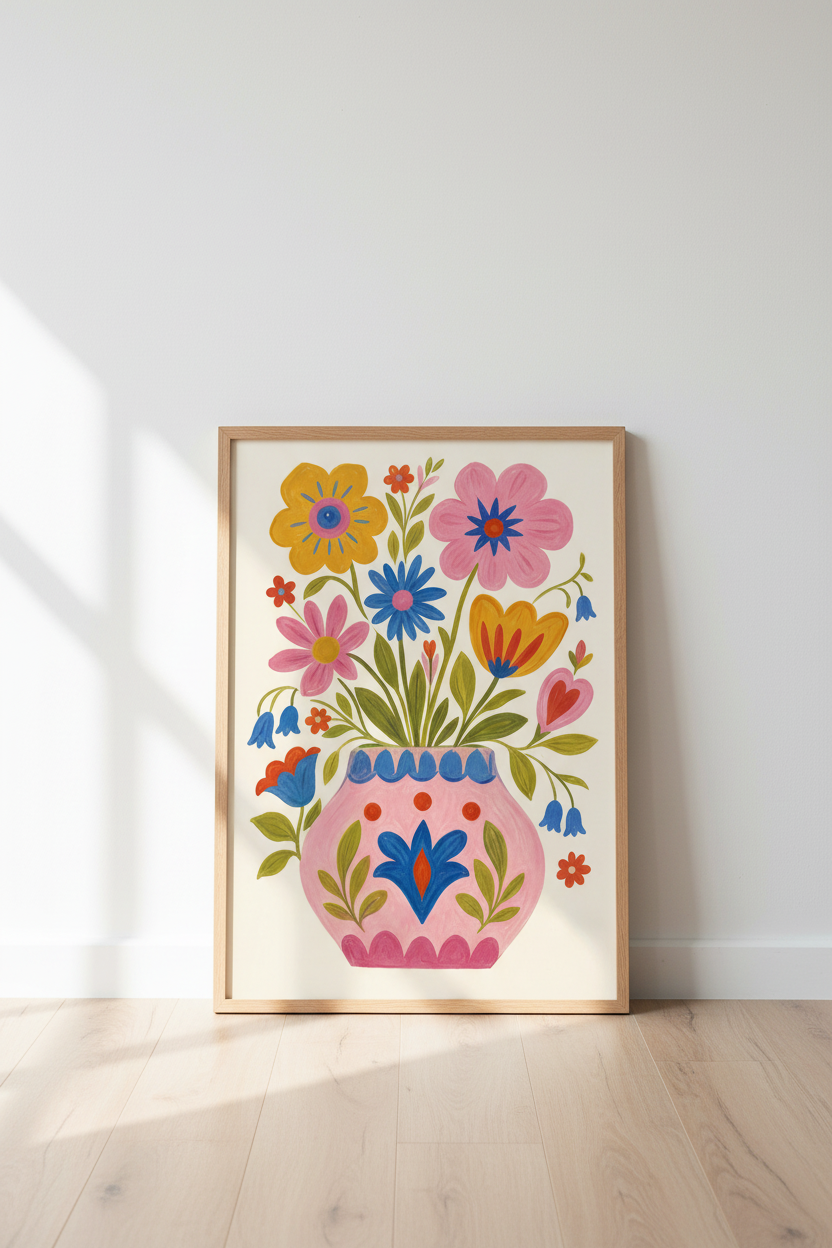 Folk Floral Wall Art Print | Colorful Botanical Decor | Whimsical Flower Poster