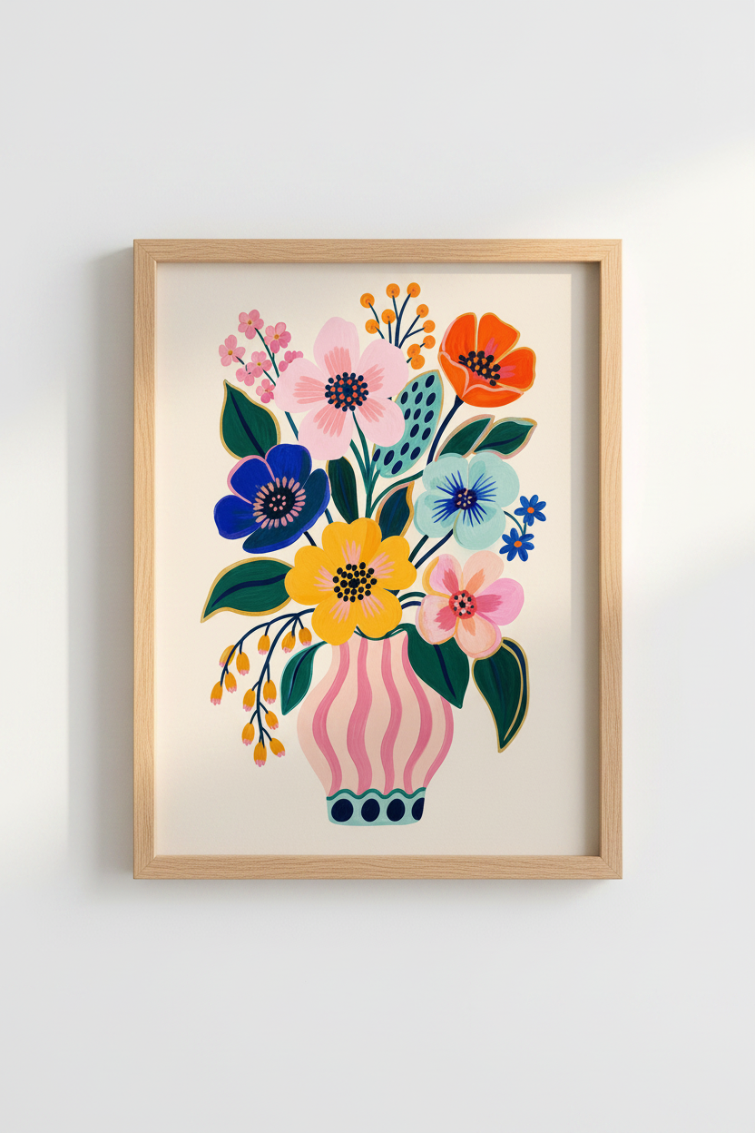 Colorful Floral Wall Art Print | Pink Vase Botanical Decor, Whimsical Flower Poster