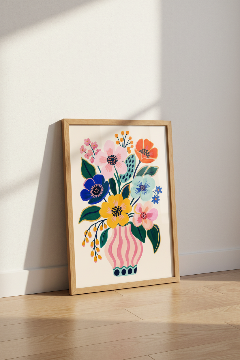 Colorful Floral Wall Art Print | Pink Vase Botanical Decor, Whimsical Flower Poster