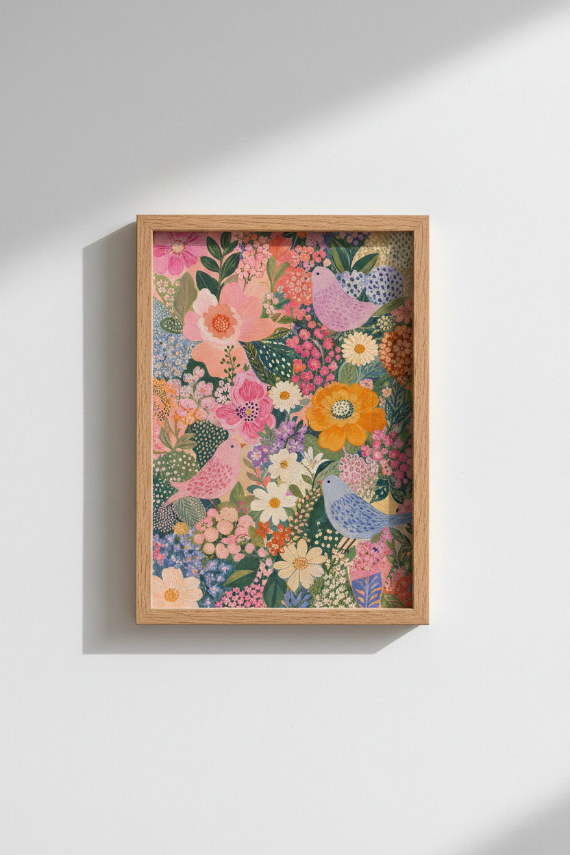 Floral Bird Art Print | Colorful Folk Flower Poster, Maximalist Bedroom Wall Decor