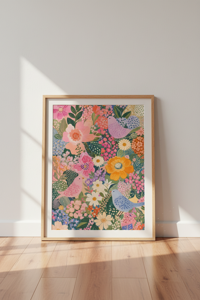 Floral Bird Art Print | Colorful Folk Flower Poster, Maximalist Bedroom Wall Decor