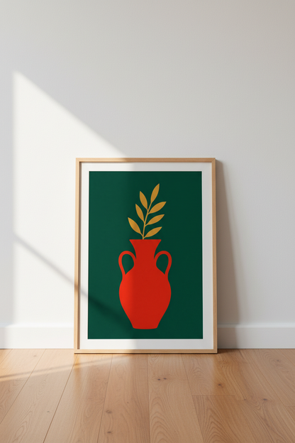 Minimalist Greek Vase Print | Red &amp; Green Botanical Wall Art, Modern Home Decor