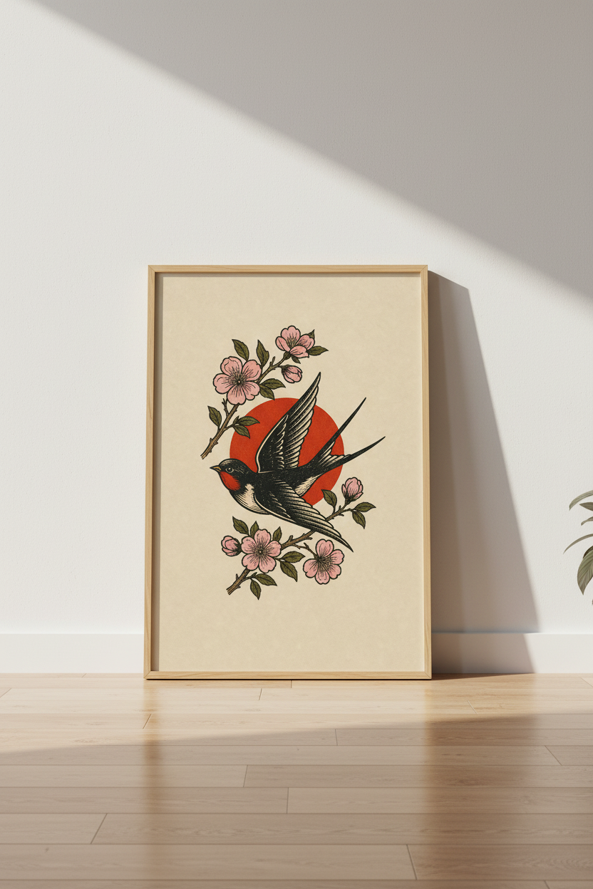 Swallow &amp; Cherry Blossom Wall Art | Japanese Tattoo Style, Red Sun Decor Print