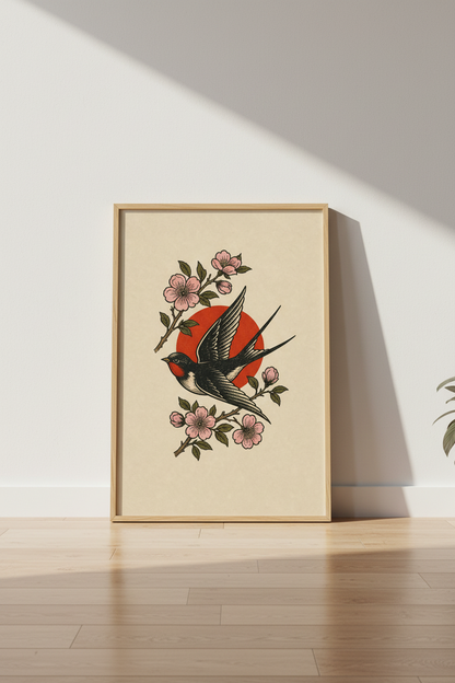 Swallow &amp; Cherry Blossom Wall Art | Japanese Tattoo Style, Red Sun Decor Print