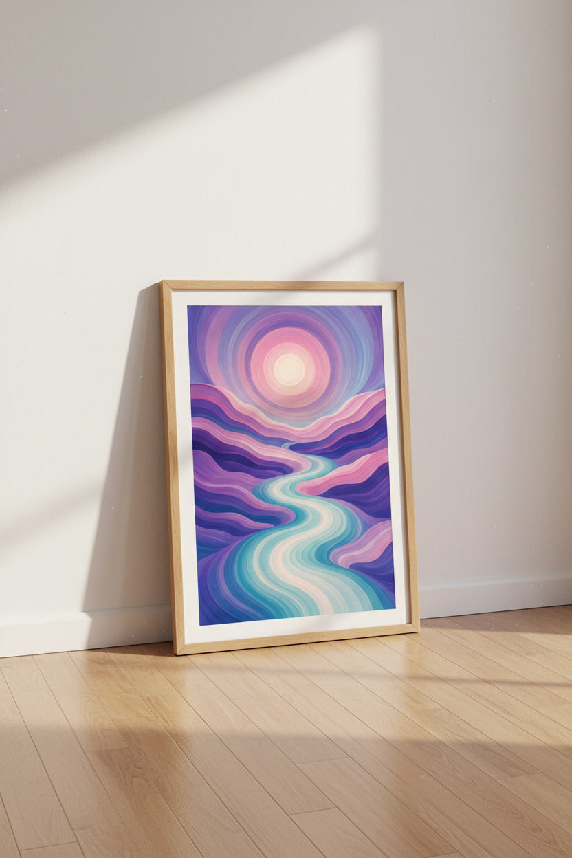 Abstract Mountain River Wall Art | Purple Pastel Landscape, Zen Bedroom Decor