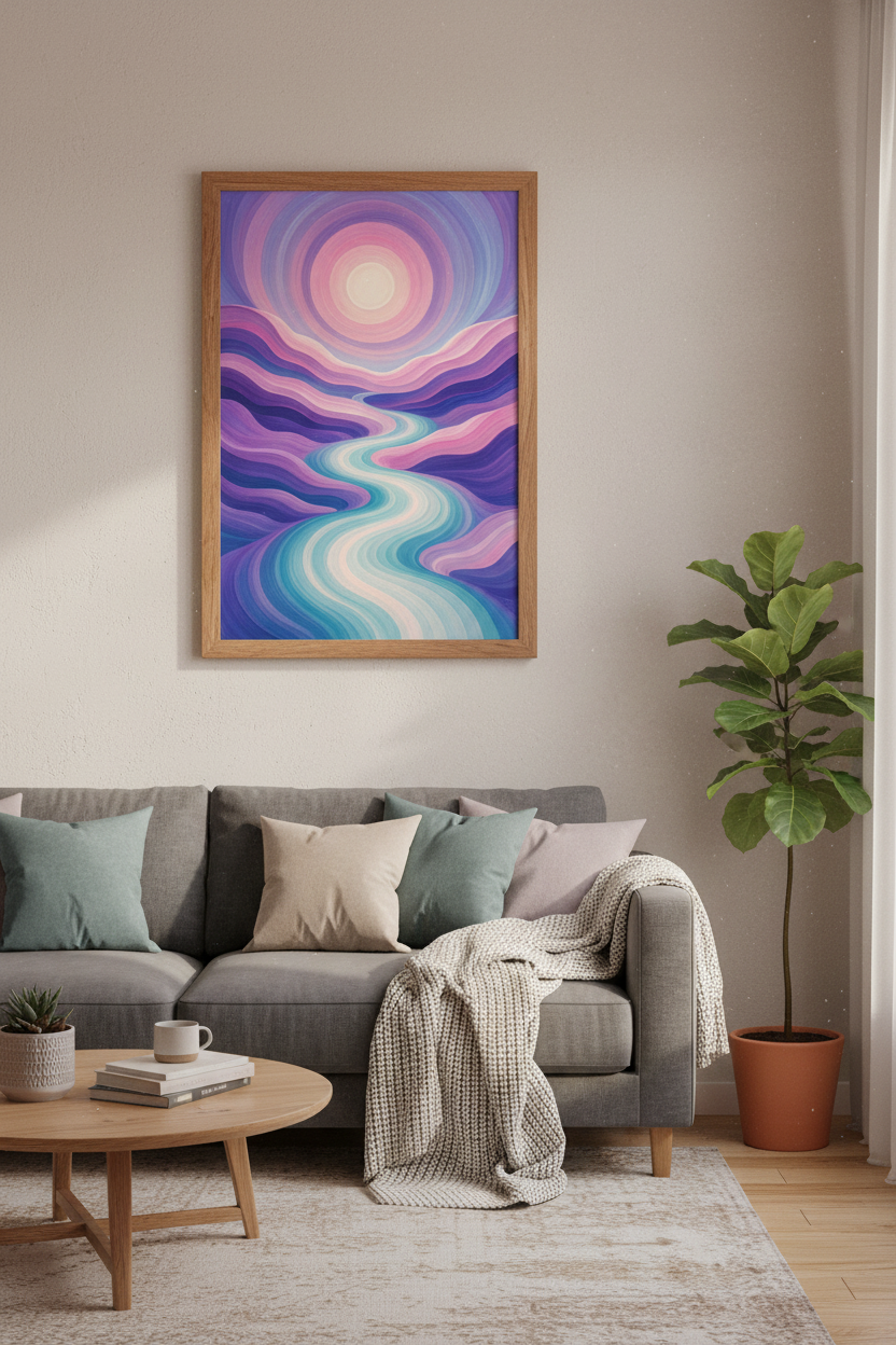 Abstract Mountain River Wall Art | Purple Pastel Landscape, Zen Bedroom Decor