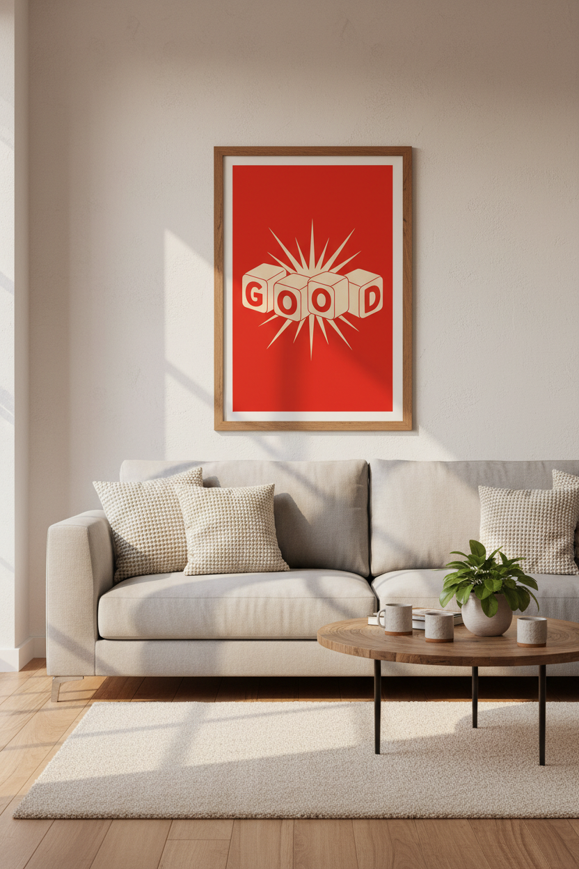 Retro GOOD Typography Wall Art | Red &amp; Cream Block Print, Modern Home Decor