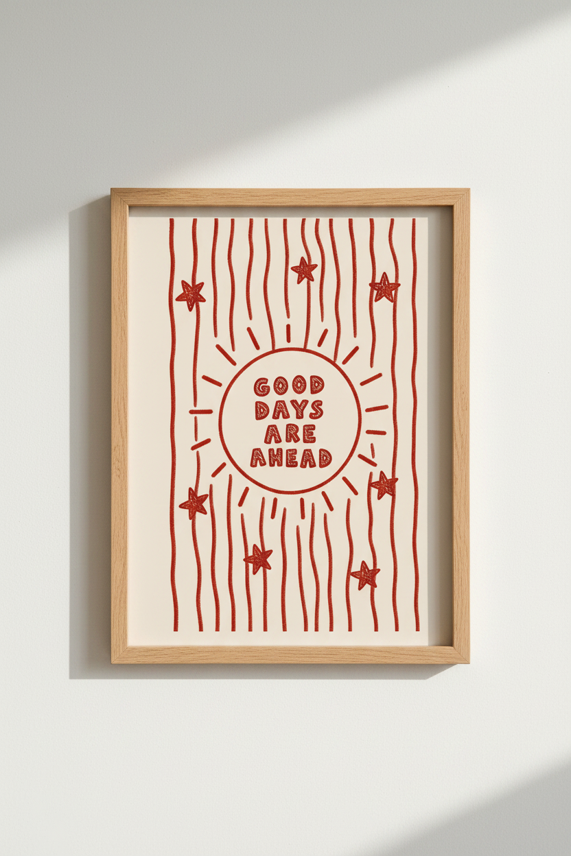 Red Sun Poster | Hand-Drawn Line Art, Whimsical Doodle Decor | Living Room