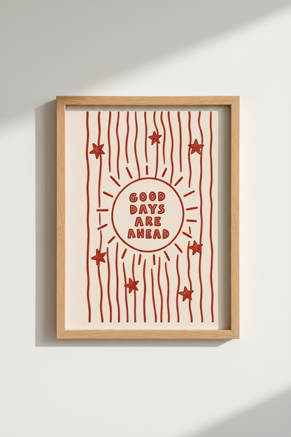 Red Sun Poster | Hand-Drawn Line Art, Whimsical Doodle Decor | Living Room