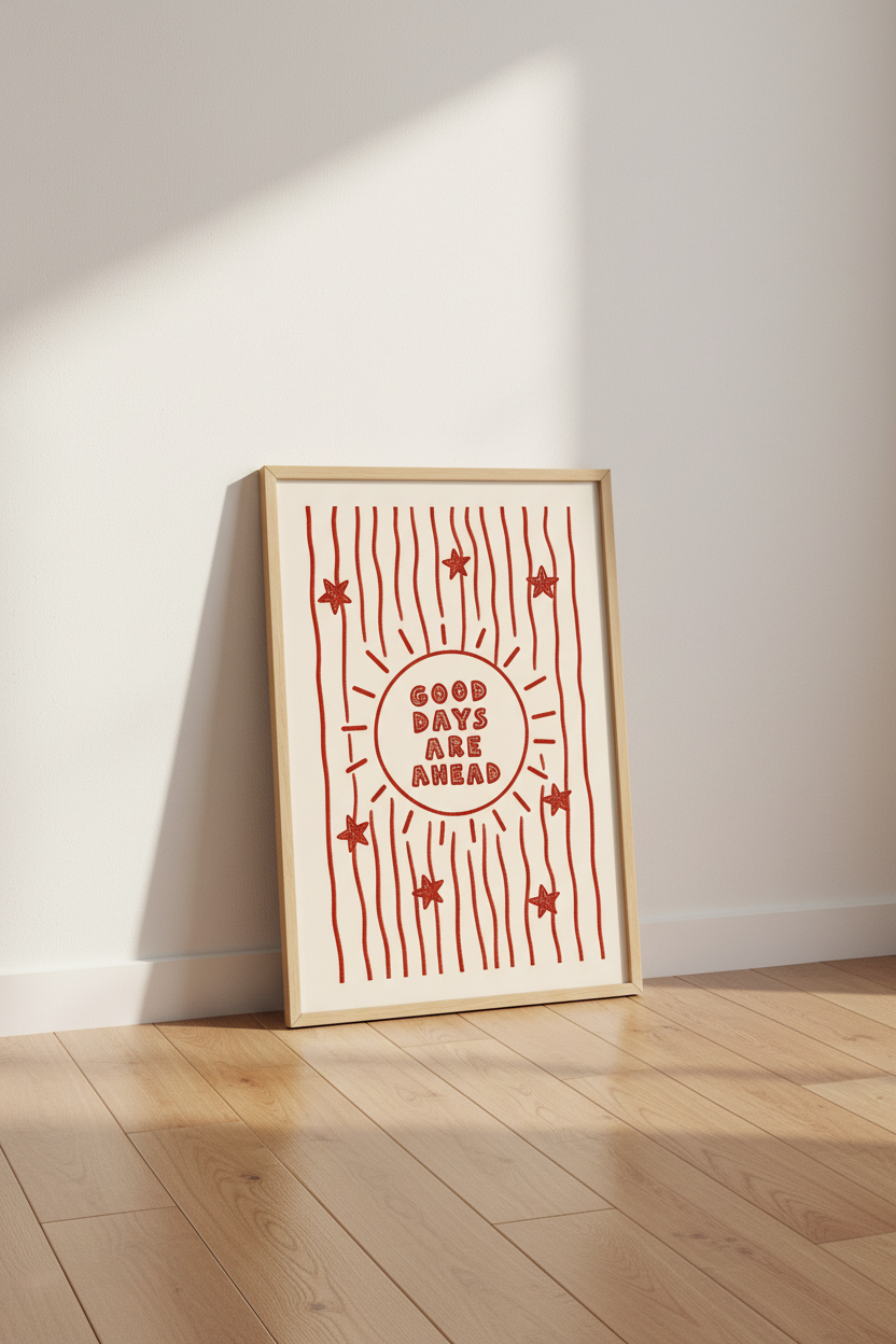 Red Sun Poster | Hand-Drawn Line Art, Whimsical Doodle Decor | Living Room