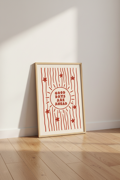 Red Sun Poster | Hand-Drawn Line Art, Whimsical Doodle Decor | Living Room