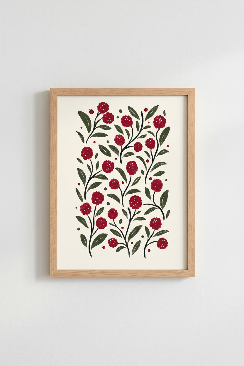 Botanical Poster | Vintage red berries on cream background, Living Room Decor