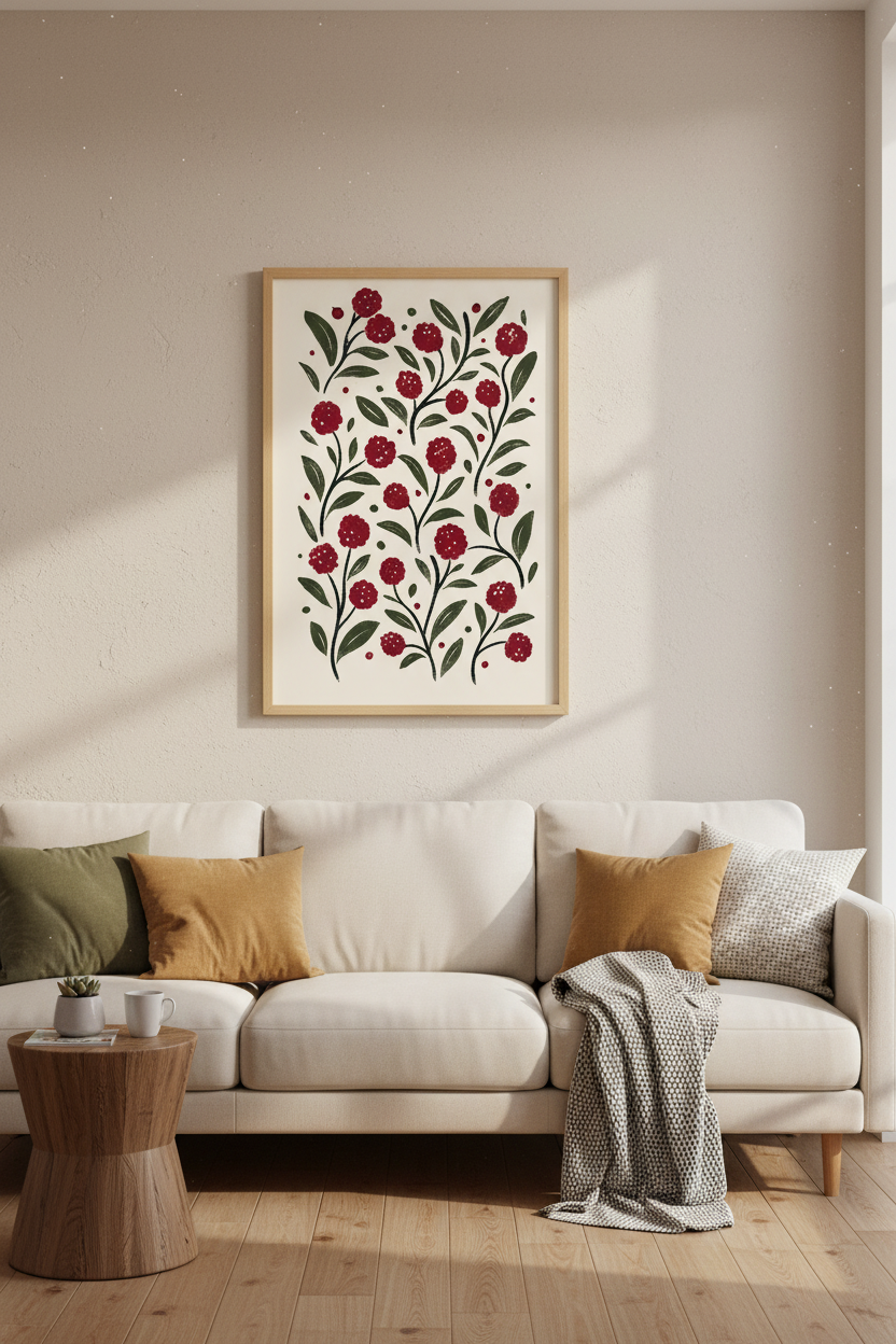 Botanical Poster | Vintage red berries on cream background, Living Room Decor