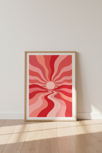 Retro Red Sunset Wall Art | Groovy Wavy Landscape Poster | Pink 70s Room Decor