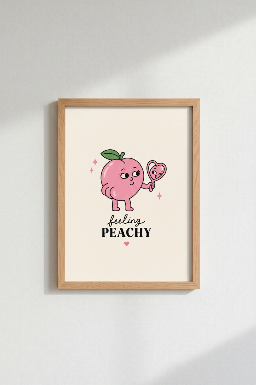 Retro Cartoon Peach Art Print | Cute Bathroom Decor | Aesthetic Pink Poster