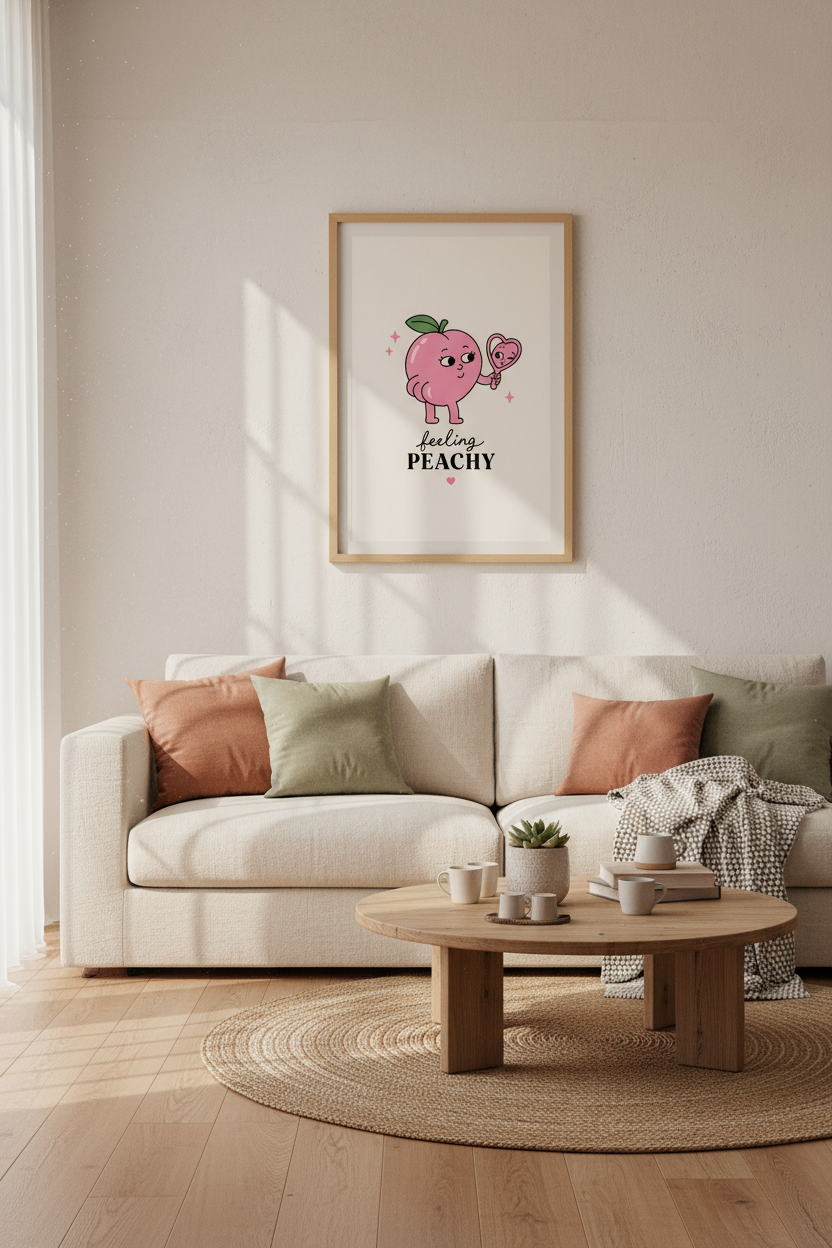 Retro Cartoon Peach Art Print | Cute Bathroom Decor | Aesthetic Pink Poster