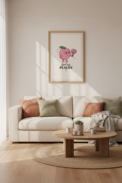 Retro Cartoon Peach Art Print | Cute Bathroom Decor | Aesthetic Pink Poster