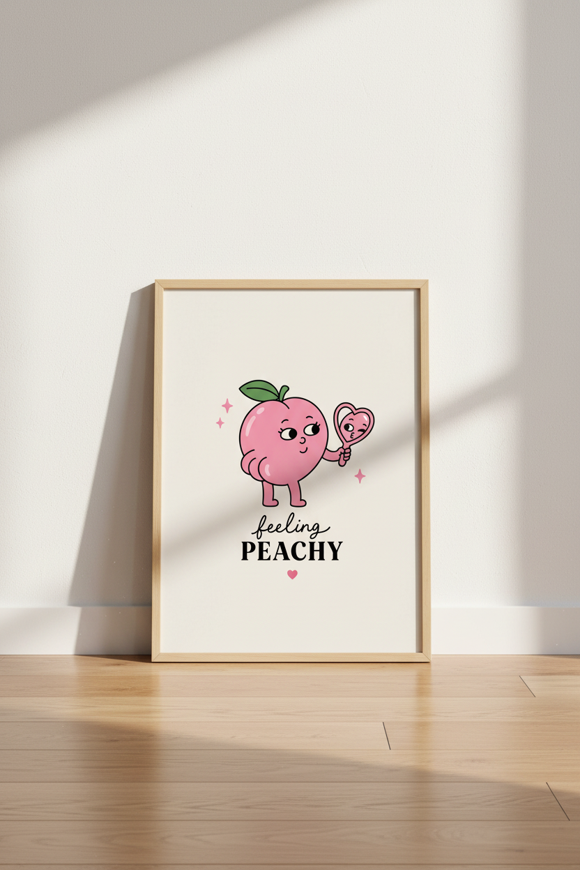 Retro Cartoon Peach Art Print | Cute Bathroom Decor | Aesthetic Pink Poster