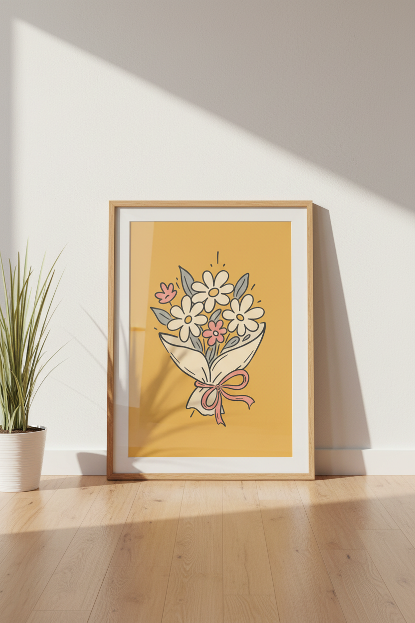 Retro Daisy Bouquet Art | Yellow Vintage Floral Decor | Groovy Nursery Poster