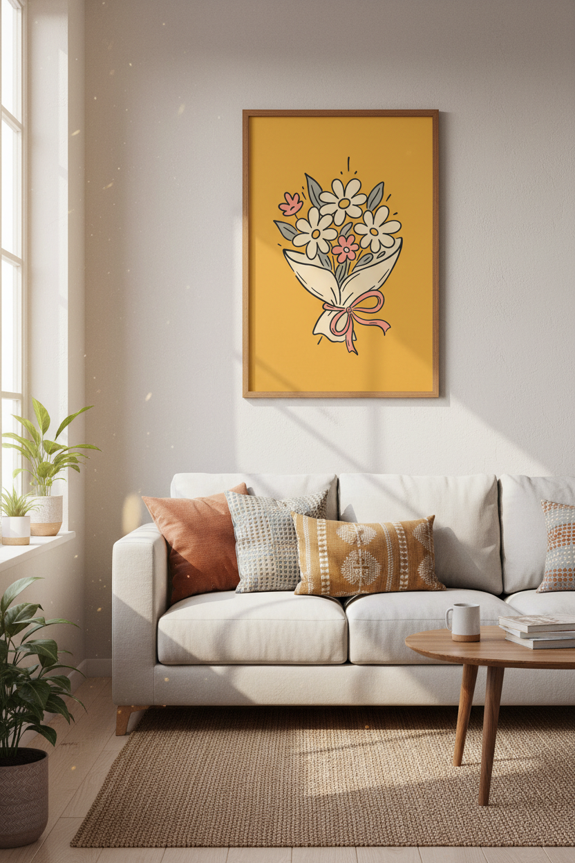 Retro Daisy Bouquet Art | Yellow Vintage Floral Decor | Groovy Nursery Poster