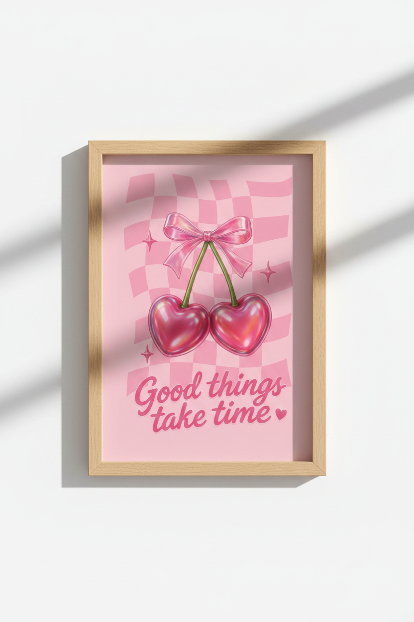 Preppy Pink Wall Art Print | Y2K Aesthetic Cherry Heart Poster | Trendy Dorm Decor
