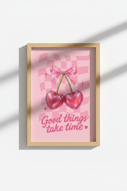 Preppy Pink Wall Art Print | Y2K Aesthetic Cherry Heart Poster | Trendy Dorm Decor