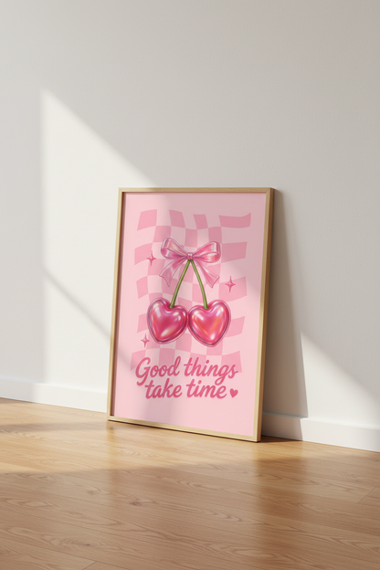 Preppy Pink Wall Art Print | Y2K Aesthetic Cherry Heart Poster | Trendy Dorm Decor