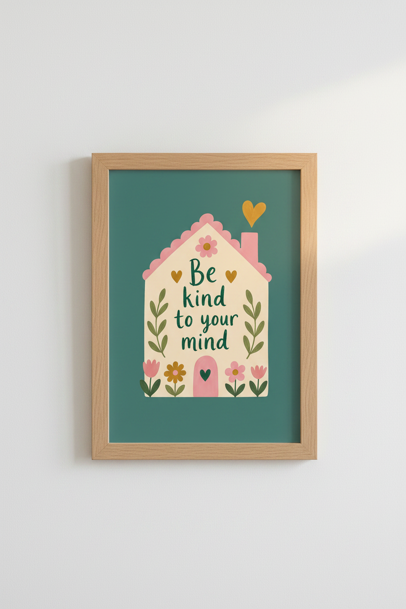 Mental Health Wall Art Print | Be Kind To Your Mind, Pastel Folk Floral House Decor