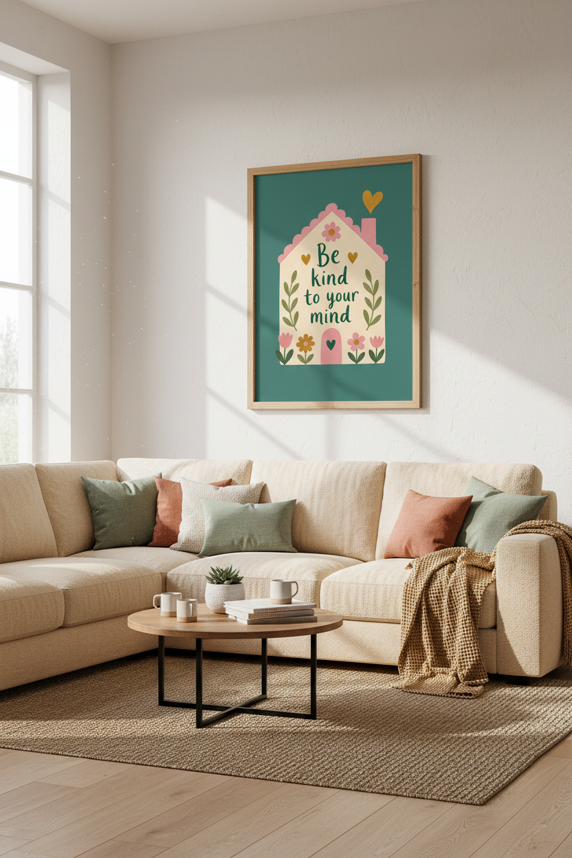 Mental Health Wall Art Print | Be Kind To Your Mind, Pastel Folk Floral House Decor