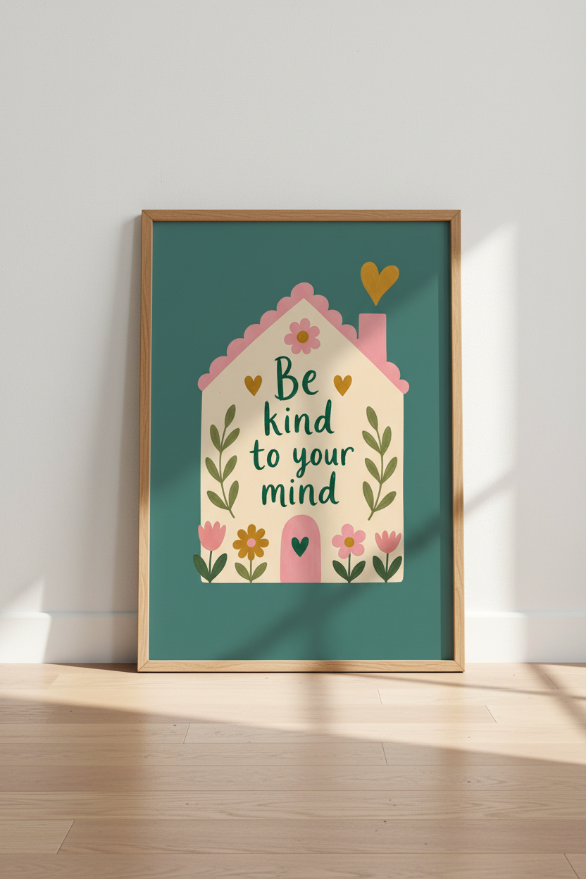 Mental Health Wall Art Print | Be Kind To Your Mind, Pastel Folk Floral House Decor
