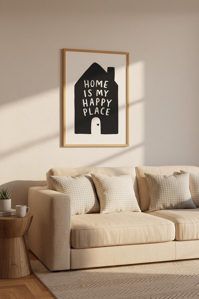 Minimalist Wall Art Print | Happy Place Quote Poster, Modern Home Decor