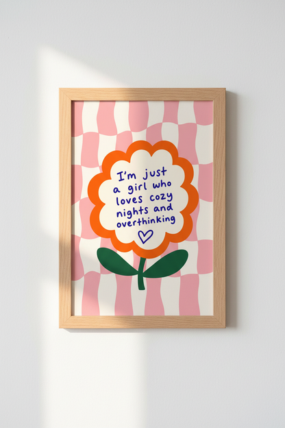 Cozy Nights Flower Art | Pink Checkered Retro Poster, Dorm &amp; Bedroom Decor
